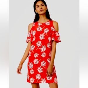 🐚 LOFT Red White Floral cold shoulder summer dress 6